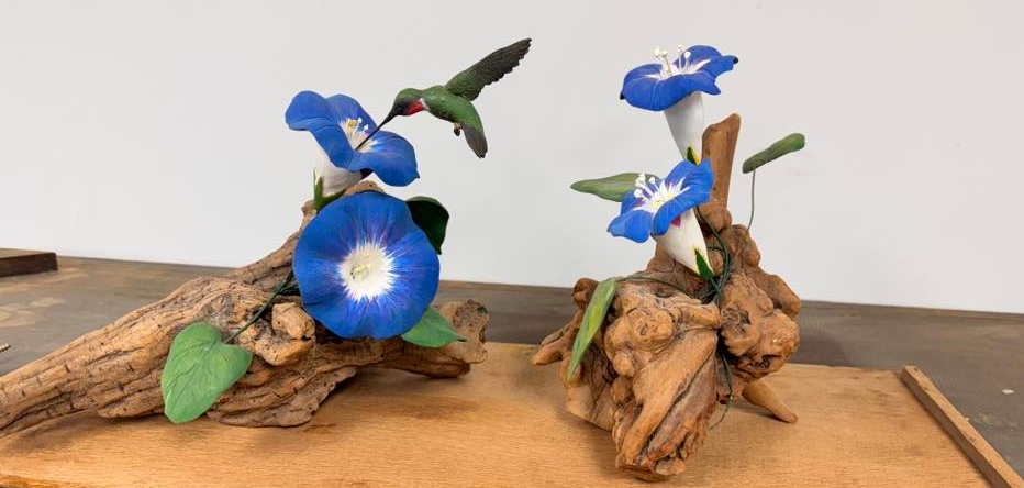 Morning Glory and Hummingbird Woodcarving